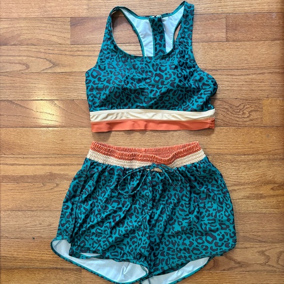 Seafancy Green Leopard Print Sports bra shorts bikini bathing suit size L VGUC - Picture 5 of 8